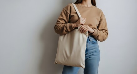 Woman in a brown sweatshirt and jeans holds a beige tote bag over her shoulder, standing against a white wall.