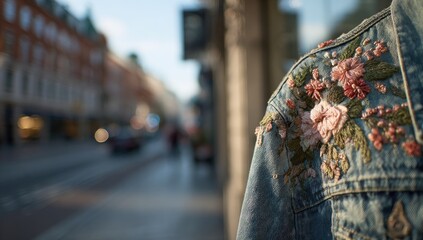 Obraz premium Close-up of a denim jacket with floral embroidery, city street backdrop