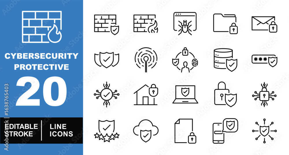 Poster cybersecurity protective set of web icons in line style. exclusive cybersecurity protective linear i