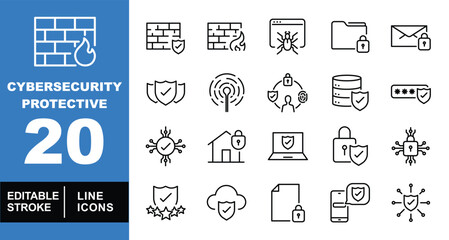 Cybersecurity protective set of web icons in line style. Exclusive cybersecurity protective linear icon collection. Containing firewall, browser, folder, mail, shield, antenna & more. Editable stroke