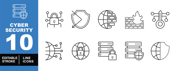 Cyber security set of web icons in line style. Exclusive cyber security linear icon collection. Containing server, network, shield, globe, firewall, database, padlock, and protection. Editable stroke