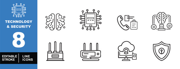 Technology & security set of web icons in line style. Exclusive technology & security linear icon collection. Containing cpu, brain, cellphone, phone, router, cloud, shield, platform. Editable stroke