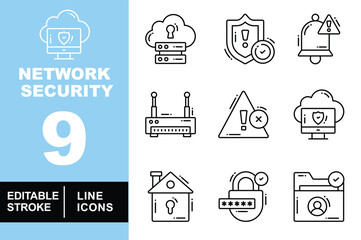 Network security set of web icons in line style. Exclusive network security linear icon collection. Containing cloud, router, warning, bell, house, padlock, folder, and shield. Editable stroke vector
