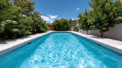 Sunlit swimming pool with sparkling blue water surrounded by green trees and blue sky