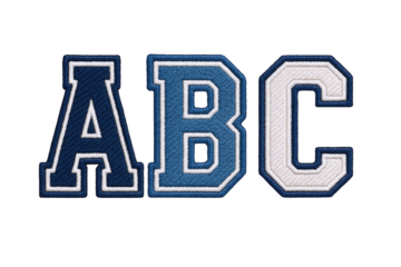 Embroidered Varsity Letters 'ABC' in Blue and White with Detailed Stitching on a Dark Background