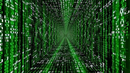 Digital Matrix: Explore an abstract world of technology and information, where vertical lines of green code cascade down a digital tunnel. The endless stream of data create an immersive visual. - Powered by Adobe