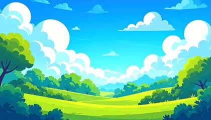 A vibrant illustration of a lush landscape under a vast blue sky.