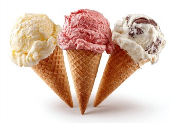 Three ice cream cones, showcasing scoops of yellow, pink, and chocolate ice cream
