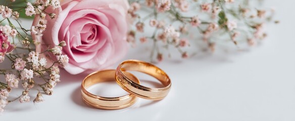Delicate wedding rings, a pink rose, and small flowers