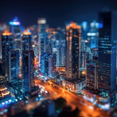 Obraz premium Night cityscape, urban sprawl, blurred perspective. High-rise buildings, vibrant lights, illuminated city streets. A miniature, aerial view of a modern metropolis
