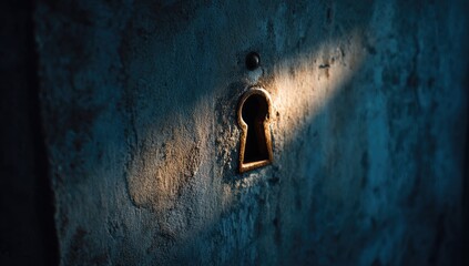 Keyhole in weathered wall, lit by a shaft of light