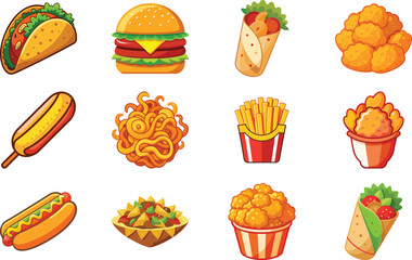 Assortment of delicious cartoon fast food items burgers tacos hot dogs and nuggets