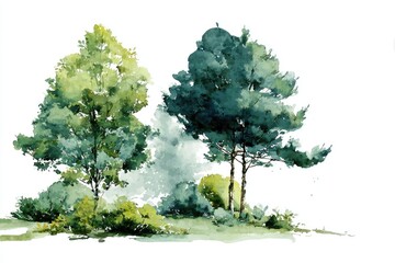 Watercolor landscape of three trees on a hill