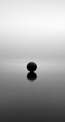 A solitary dark sphere rests on a still grey surface, its reflection mirrored perfectly