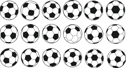Obraz premium Hand-drawn soccer balls collection, black and white football icons, sports equipment set, soccer game design elements, doodle football illustrations