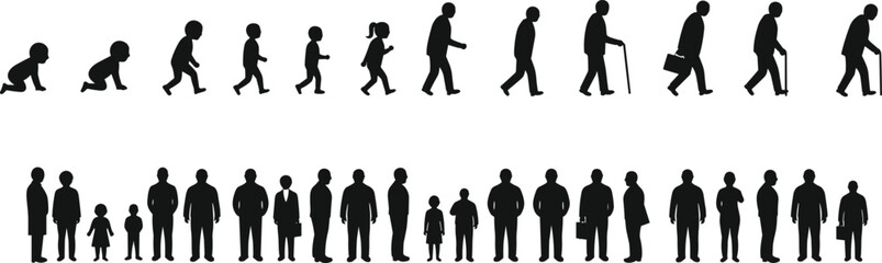 Human life stages silhouette illustration, baby to old age evolution, people growing concept, generational change, aging, childhood to elderly