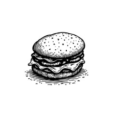 Detailed monochrome illustration of a classic burger showcasing engraving style and texture