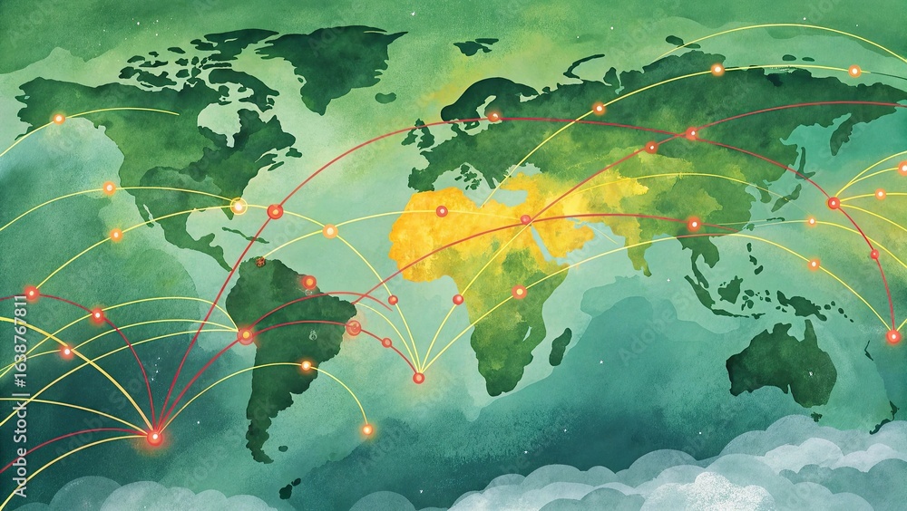 Poster global network connection concept with world map on dark blue background. vector illustration