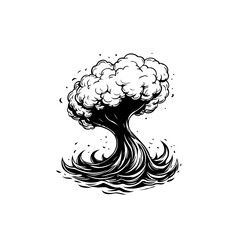 Monochrome depiction of an abstract tree resembling a mushroom cloud illustration