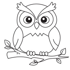 Detailed cartoon owl perched on branch, black and white outline design, suitable for coloring, kids’ art, and educational uses.