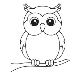 Cute cartoon owl sitting upright in black outline style, perfect for kids’ coloring books and educational wildlife illustrations.