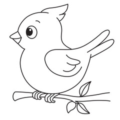 Cute cartoon bird perched on branch outline, simple and charming design suitable for children’s coloring and art activities.
