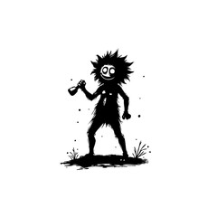 Whimsical shadow creature with a bottle, evoking mystery and playful darkness