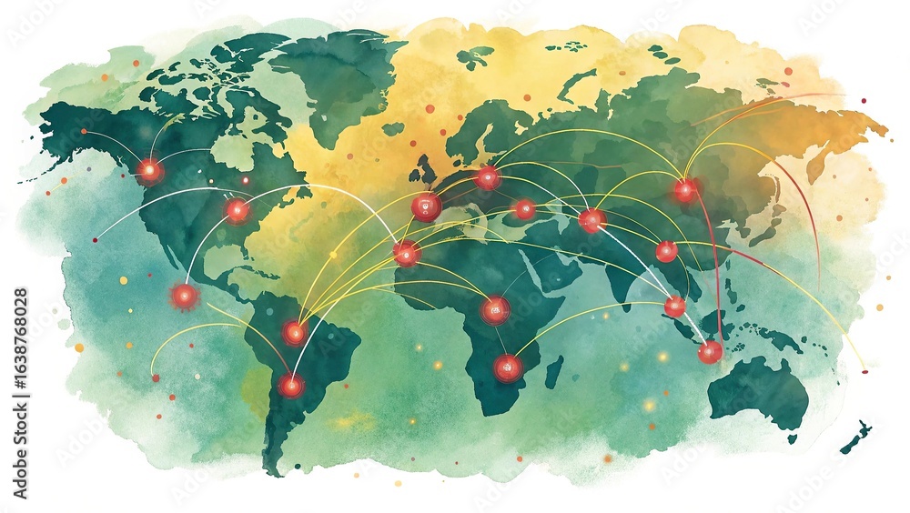 Poster global network connection concept with world map on dark blue background. vector illustration