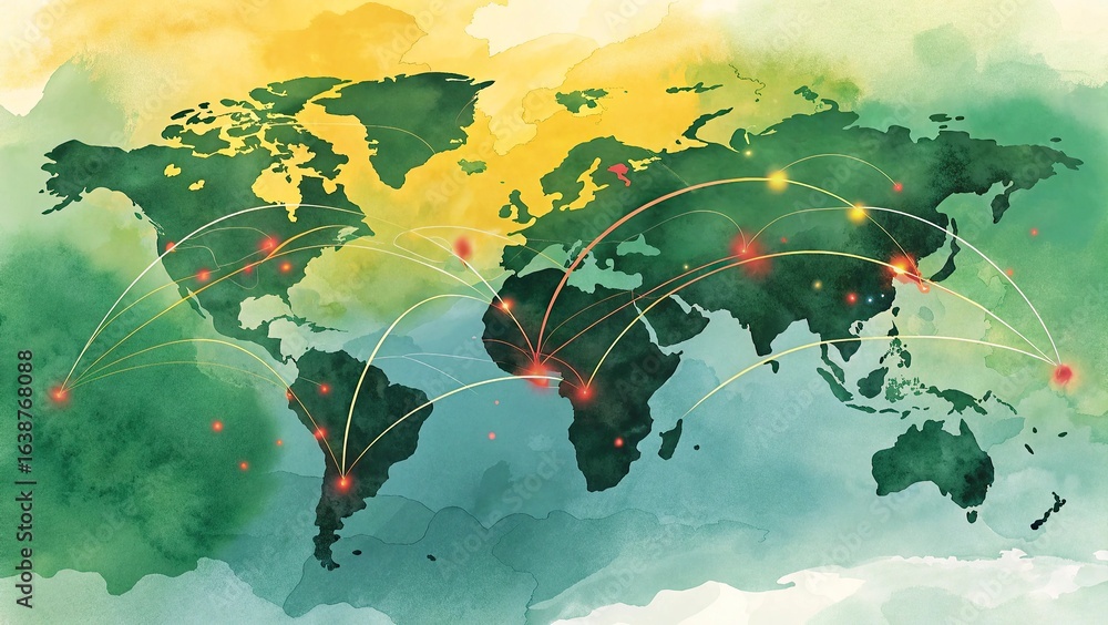 Poster global network connection concept with world map on dark blue background. vector illustration