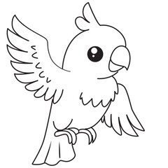 Adorable parrot standing calmly, black and white outline style, perfect for children tracing and coloring practice.