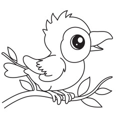 Cute cartoon bird perched on a branch in line art style, ideal for coloring pages, tracing, and children’s drawing practice.