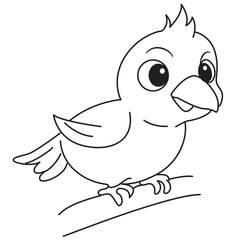 Sweet baby bird standing on branch, black and white outline style, for children’s tracing and coloring page activities.