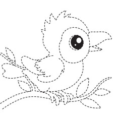Cute baby bird sitting on a branch, black and white dotted outline style, for children tracing and coloring activity. © Art