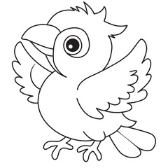 Parrot cartoon line art with wings open, perfect for kids coloring pages, tropical bird illustrations, and wildlife educational art.