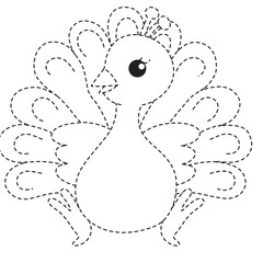 Peacock dotted outline with open tail feathers, ideal for tracing, coloring, and bird-themed children’s educational illustrations.