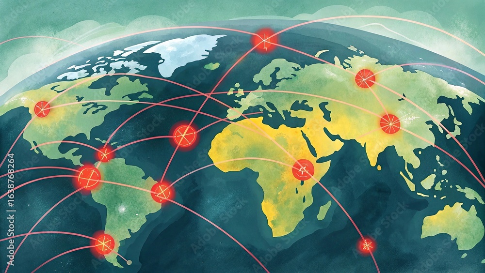Poster global network connection concept with world map on dark blue background. vector illustration
