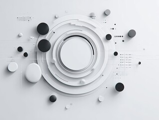 Abstract, futuristic design with concentric circles and 3D shapes.  Concentric rings in white, accented by black and white circles/spheres, creating a layered effect.  