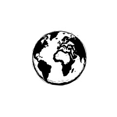 Black and white Earth illustration with rough sketchy style continents depicted