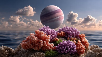 Colorful coral reef in imaginary planet scene