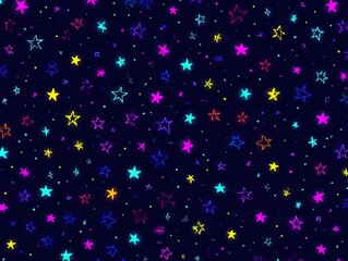 Neon stars scattered on a dark background.  A vibrant,  pixelated pattern