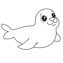 Smiling baby seal cartoon swimming, perfect for ocean animal coloring sheets and marine wildlife educational art for kids.