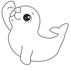 Cute baby seal line art waving, ideal for kids coloring pages, marine life art, and ocean-themed educational designs.