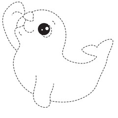 Cute baby seal dotted outline waving, perfect for tracing, coloring activities, and children’s marine life educational illustrations.