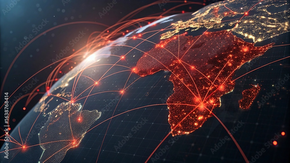 Poster global network connection concept with world map on dark blue background. vector illustration