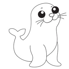 Baby seal side view cartoon drawing with large eyes, ideal for children’s coloring sheets and fun marine animal art.