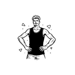 Confident Man in Tank Top: Bold Black and White Illustration of Masculinity and Strength