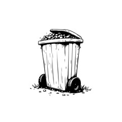 Cartoon-Style Illustration of an Overflowing Trash Can on Wheels in Black and White