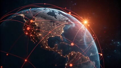 Obraz premium Global network connection concept with world map on dark blue background. Vector illustration