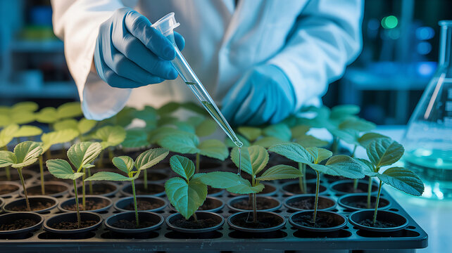 Scientist in lab coat and gloves tending to young plants in a tray - Powered by Adobe