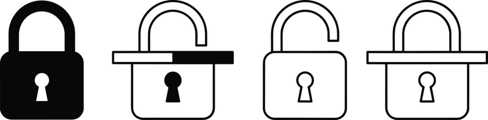 Set of padlock icons in open and closed styles, security lock symbol, privacy protection, vector illustration, black and outline